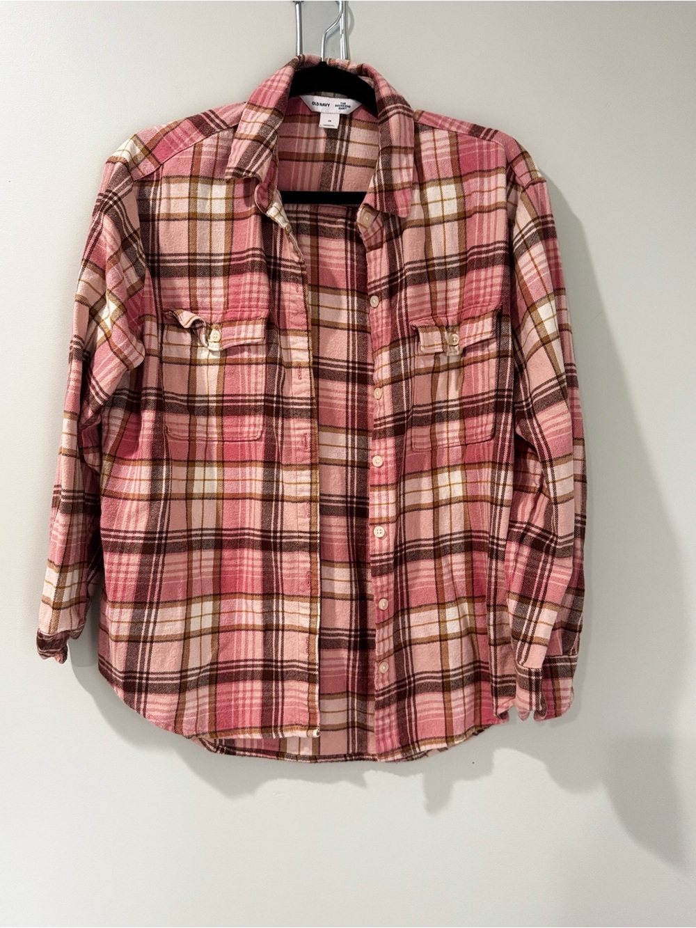 Old Navy The Boyfriend Shirt Pink Plaid Flannel Button Up Women’s
